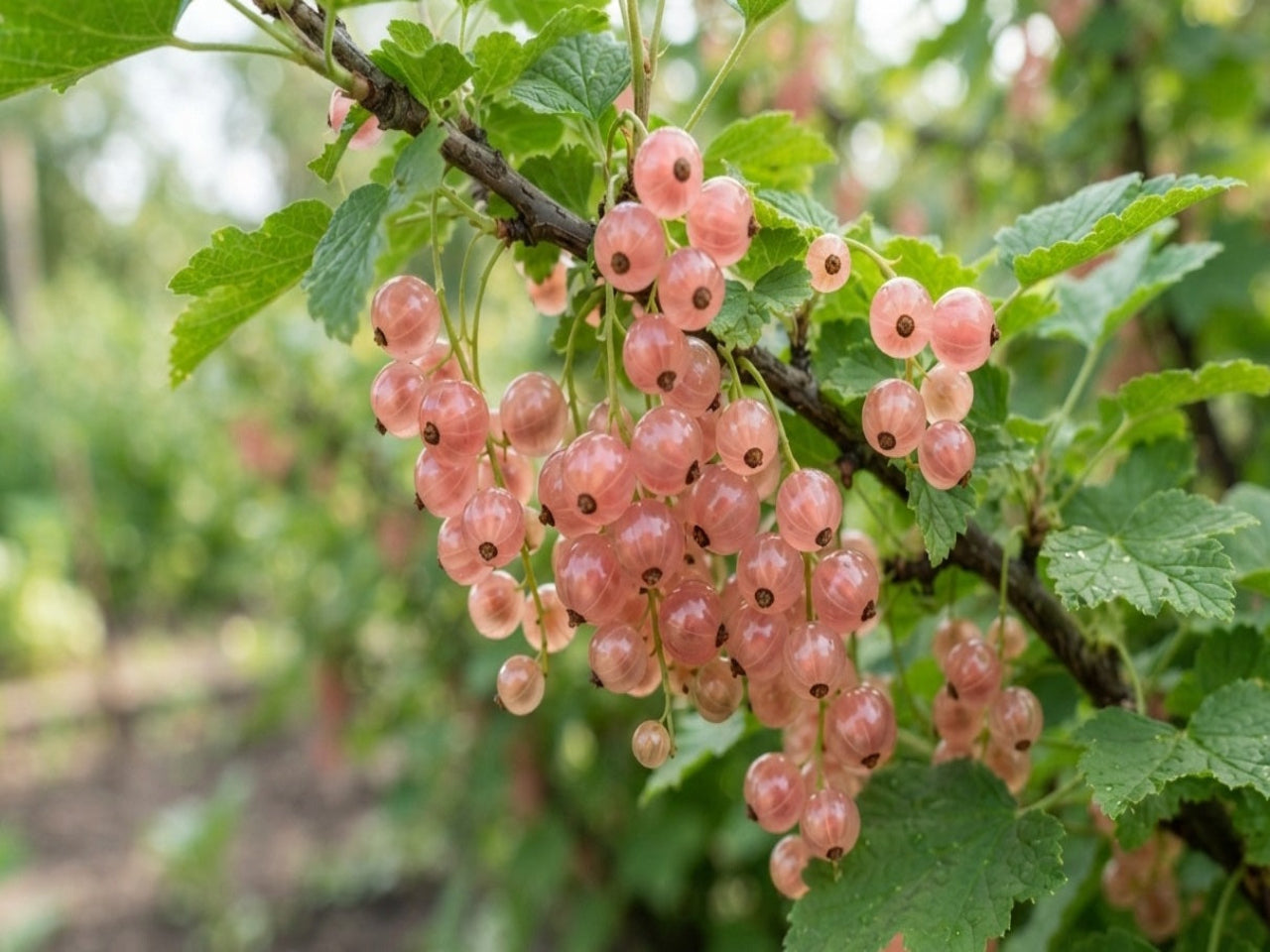 Pink currants hanging from a branch with green leaves in a garden setting.